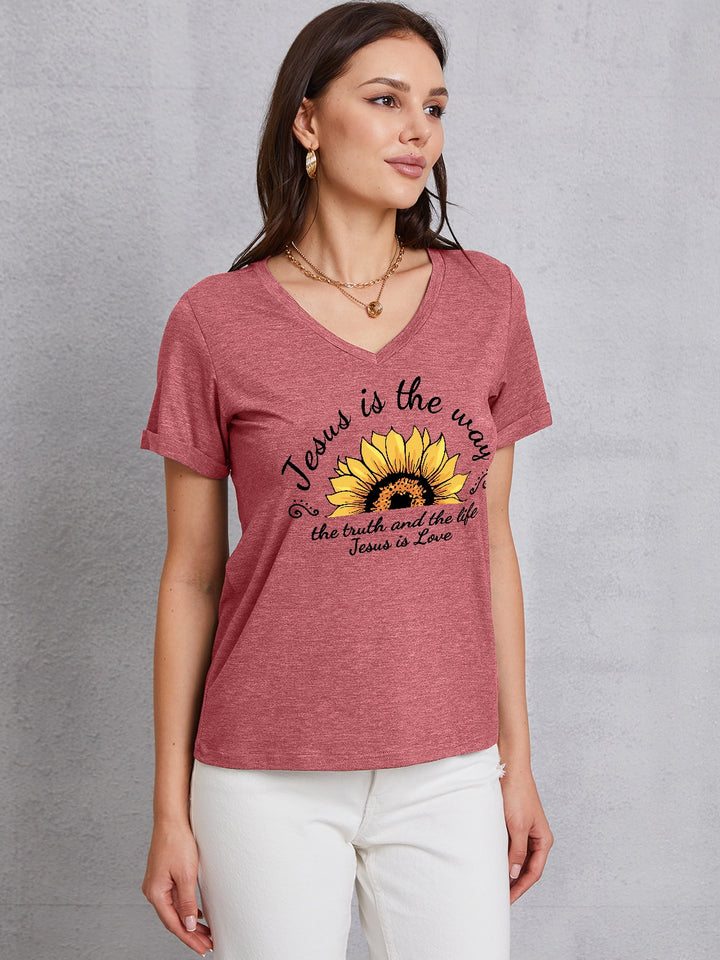 Sunflower V-Neck Short Sleeve T-Shirt | Trendsi