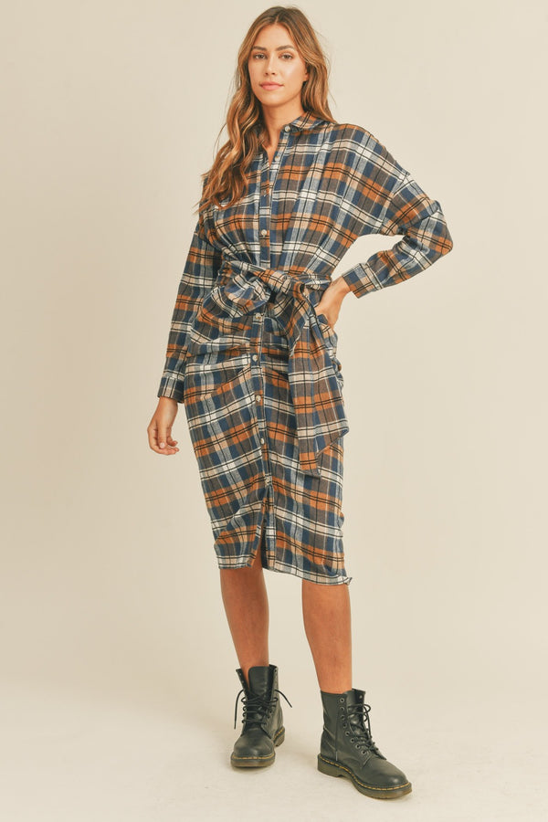 Mable Plaid Flannel Front Tie Button Down Shirt Dress | Trendsi