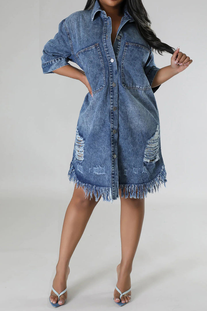 Distressed Raw Hem Button Up Denim Dress | Trendsi