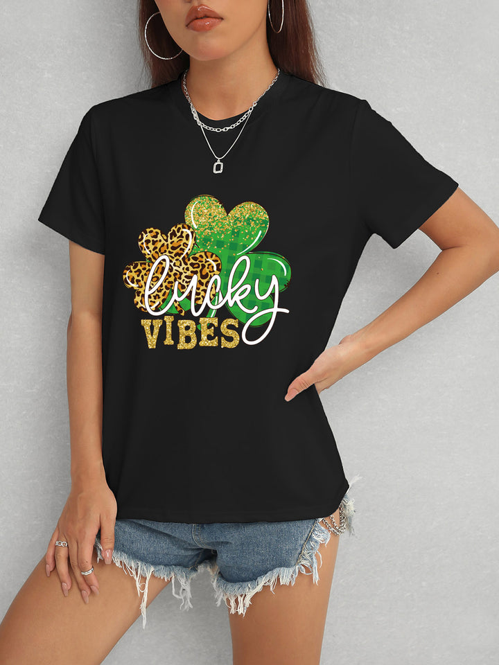 LUCKY VIBES Round Neck Short Sleeve T-Shirt | Trendsi