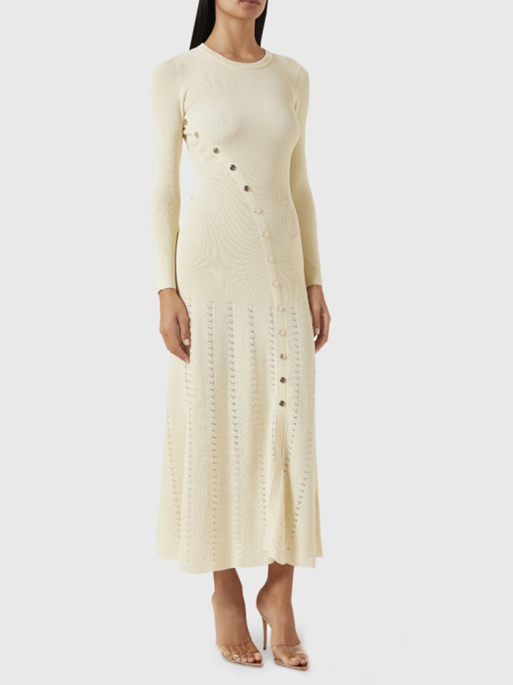 Openwork Round Neck Long Sleeve Sweater Dress | Trendsi