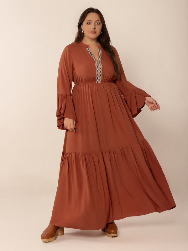 Plus Size Ruffled Notched Long Sleeve Midi Dress | Trendsi