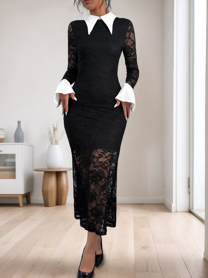 Perfee Lace Contrast Collared Neck Long Sleeve Midi Dress | Trendsi