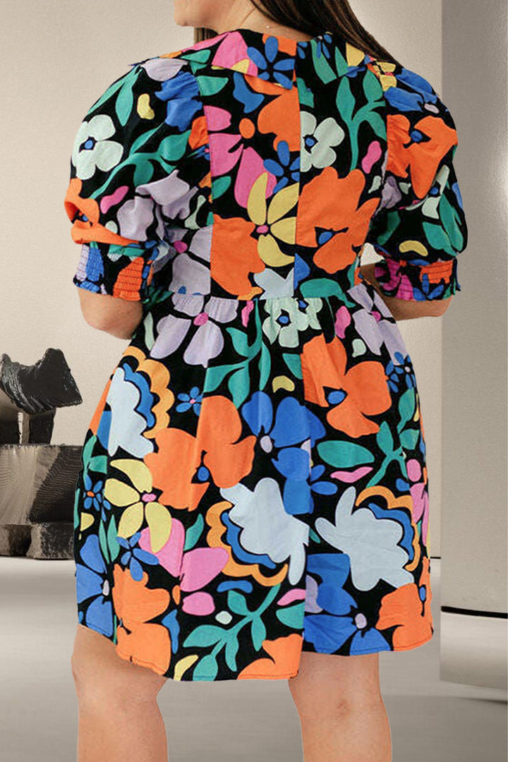 Plus Size Printed V-Neck Short Sleeve Mini Dress | Trendsi