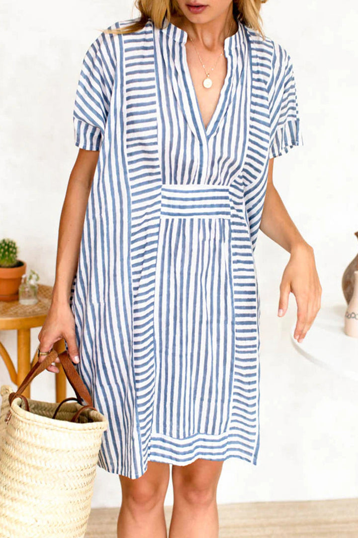 Striped Notched Short Sleeve Mini Dress | Trendsi