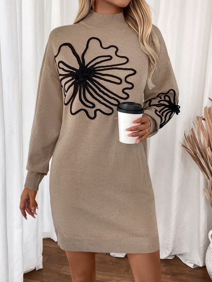 Perfee Flower Mock Neck Long Sleeve Sweater Dress | Trendsi