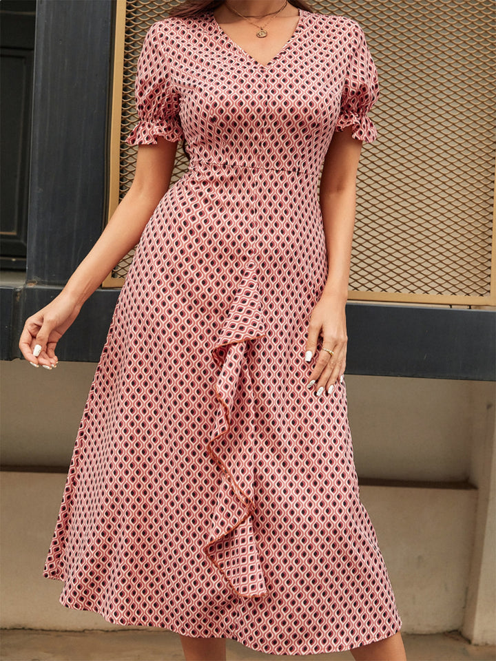 Printed V-Neck Flounce Sleeve Midi Dress | Trendsi