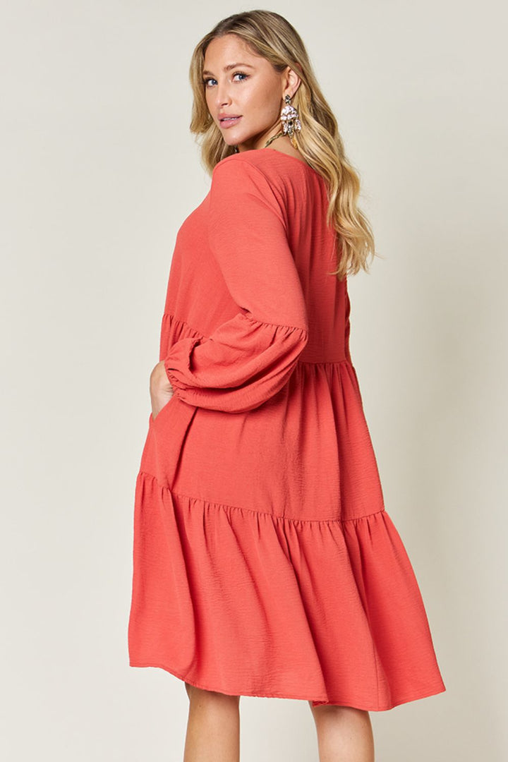 Double Take Full Size V-Neck Balloon Sleeve Tiered Dress | Trendsi