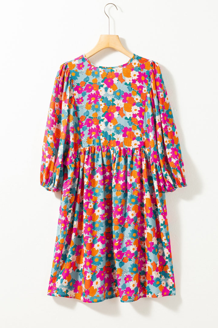 Floral Tie Neck Puff Sleeve Mini Dress | Trendsi