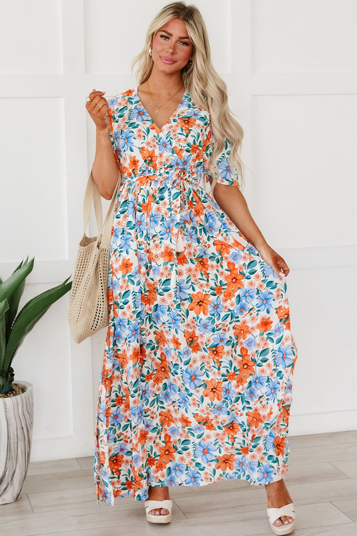 Tied Slit Printed Half Sleeve Maxi Dress | Trendsi