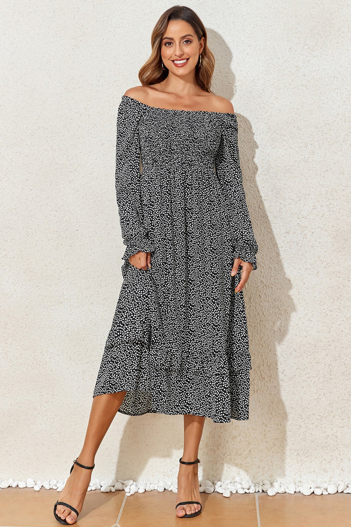 Printed Square Neck Long Sleeve Midi Dress | Trendsi