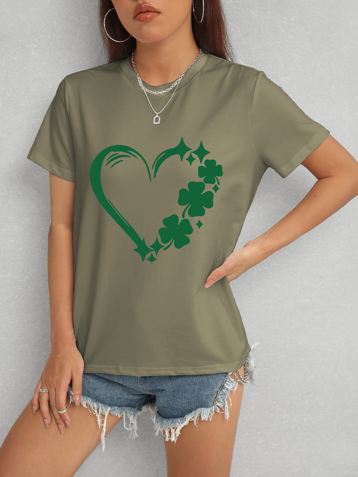 Heart Lucky Clover Round Neck Short Sleeve T-Shirt | Trendsi