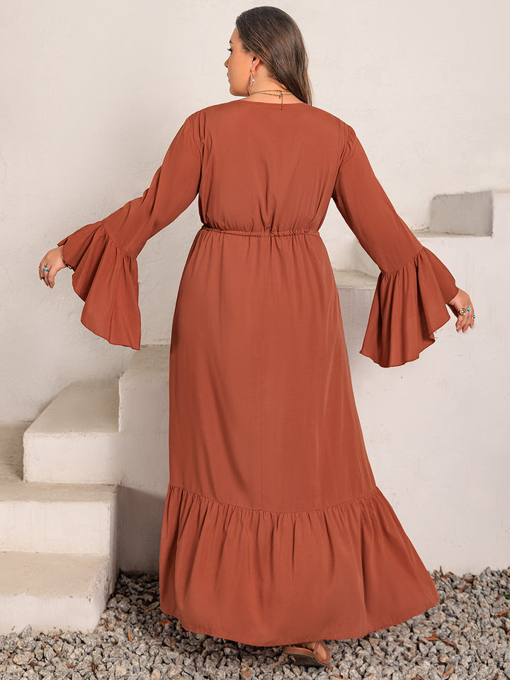 Plus Size V-Neck Flare Sleeve Maxi Dress | Trendsi