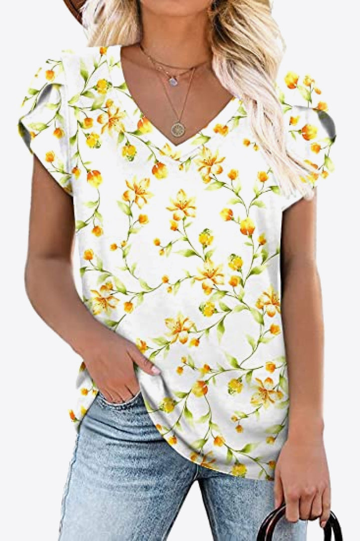 Printed Petal Sleeve V-Neck Blouse | Trendsi