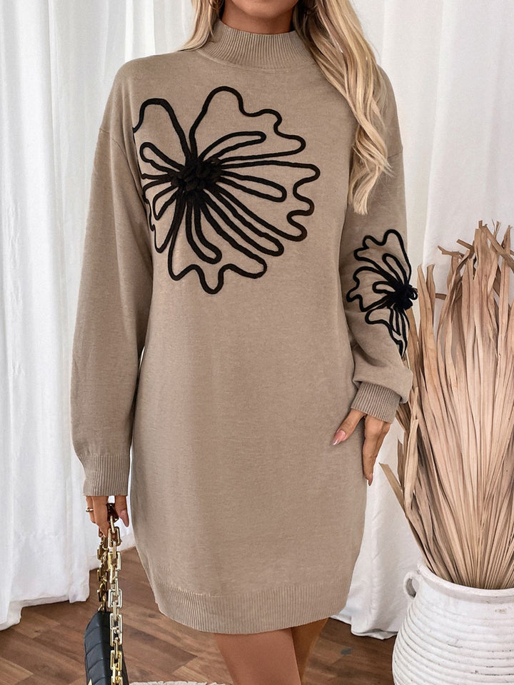 Perfee Flower Mock Neck Long Sleeve Sweater Dress | Trendsi