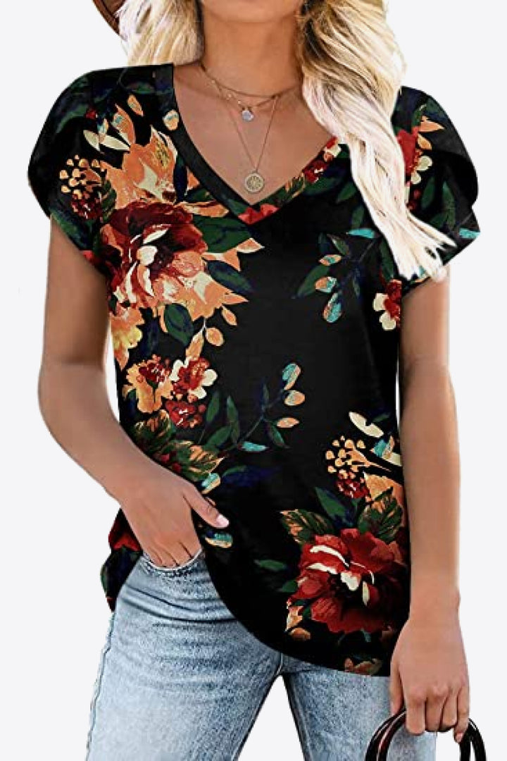 Printed Petal Sleeve V-Neck Blouse | Trendsi