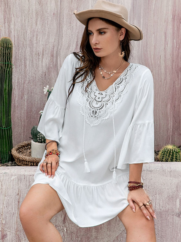 Plus Size Lace Detail Tie Neck Three-Quarter Sleeve Mini Dress | Trendsi