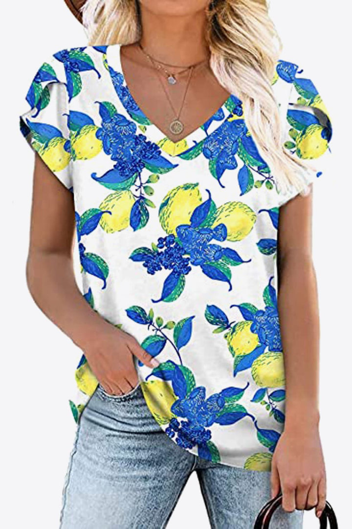 Printed Petal Sleeve V-Neck Blouse | Trendsi