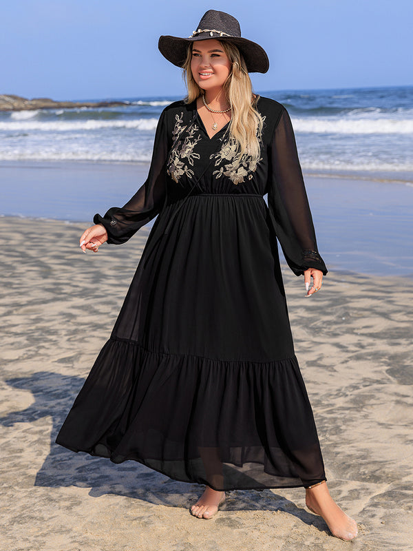 Plus Size Embroidered Tie Neck Long Sleeve Dress | Trendsi