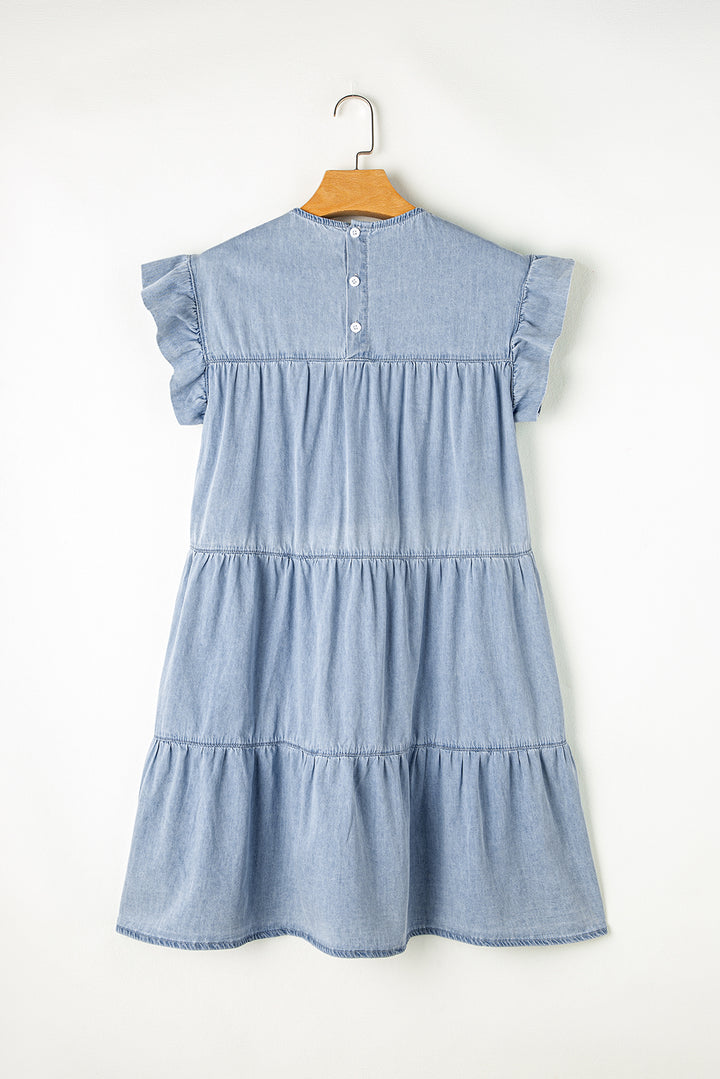 Ruffled Round Neck Cap Sleeve Denim Dress | Trendsi