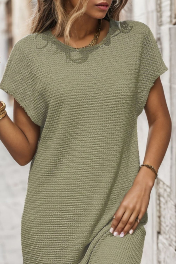 Waffle-Knit Cap Sleeve Knee Length Dress | Trendsi