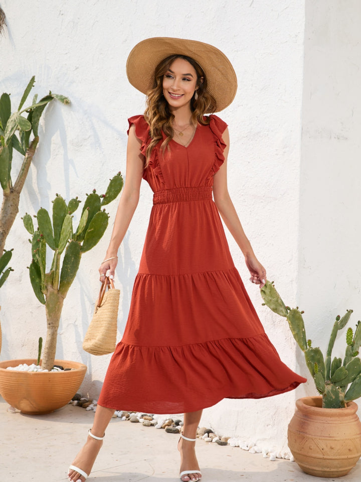 Tiered Ruffled V-Neck Cap Sleeve Dress | Trendsi