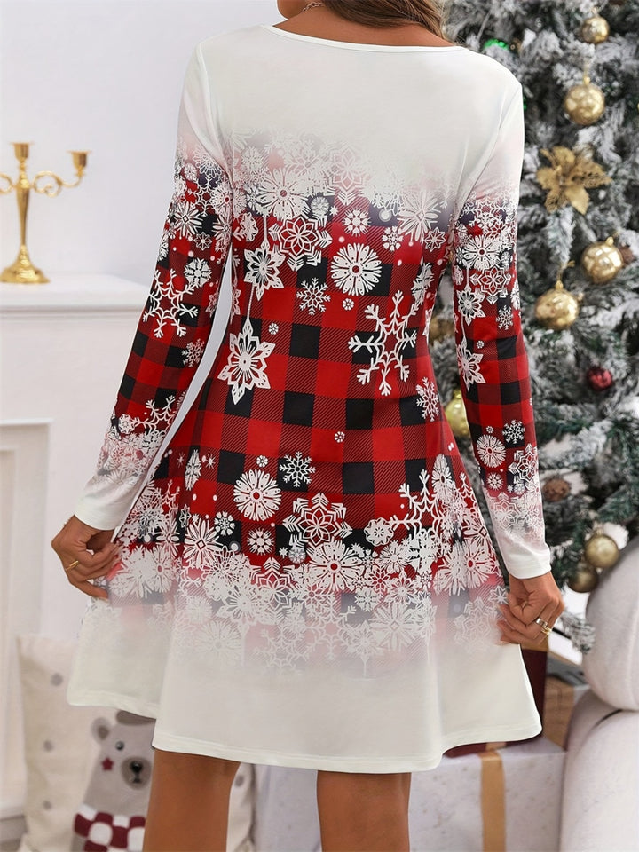 Snowflakes Plaid Round Neck Long Sleeve Dress | Trendsi