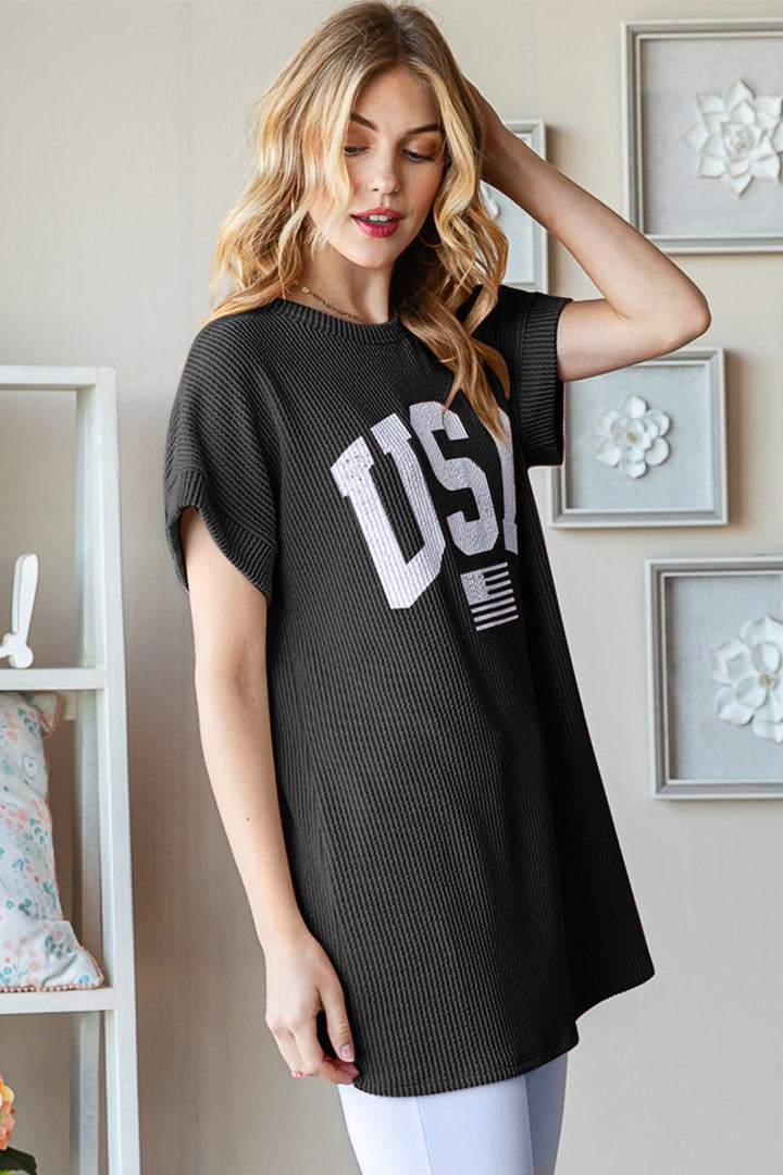 Heimish Full Size USA Graphic Short Sleeve Ribbed Top | Trendsi