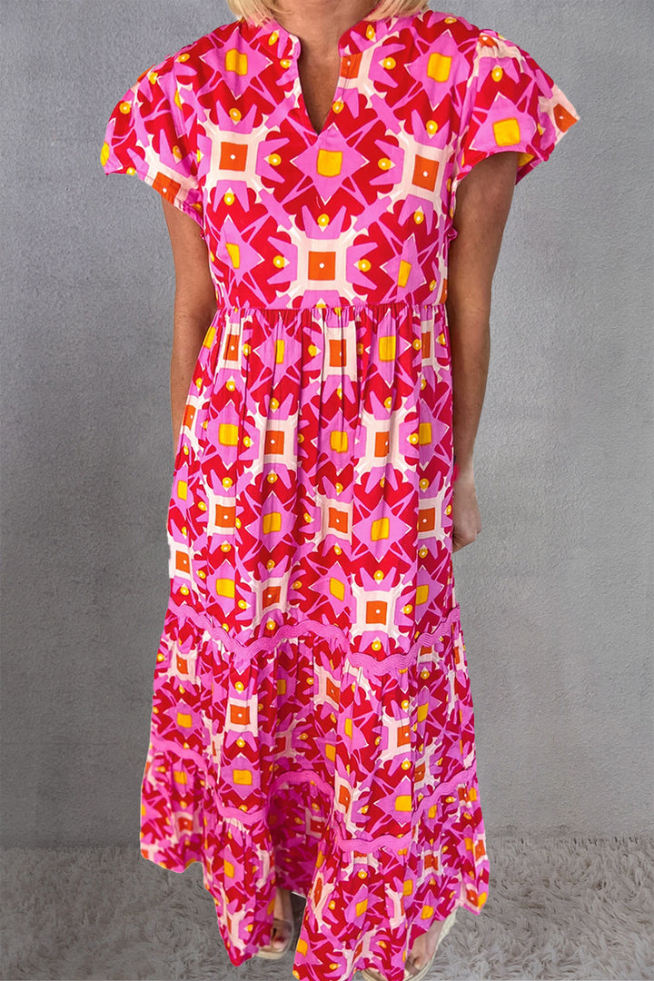 Printed Notched Cap Sleeve Dress | Trendsi