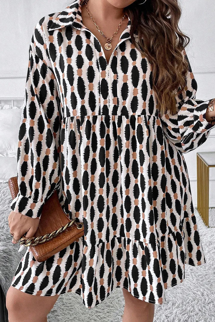 Plus Size Printed Johnny Collar Long Sleeve Dress | Trendsi