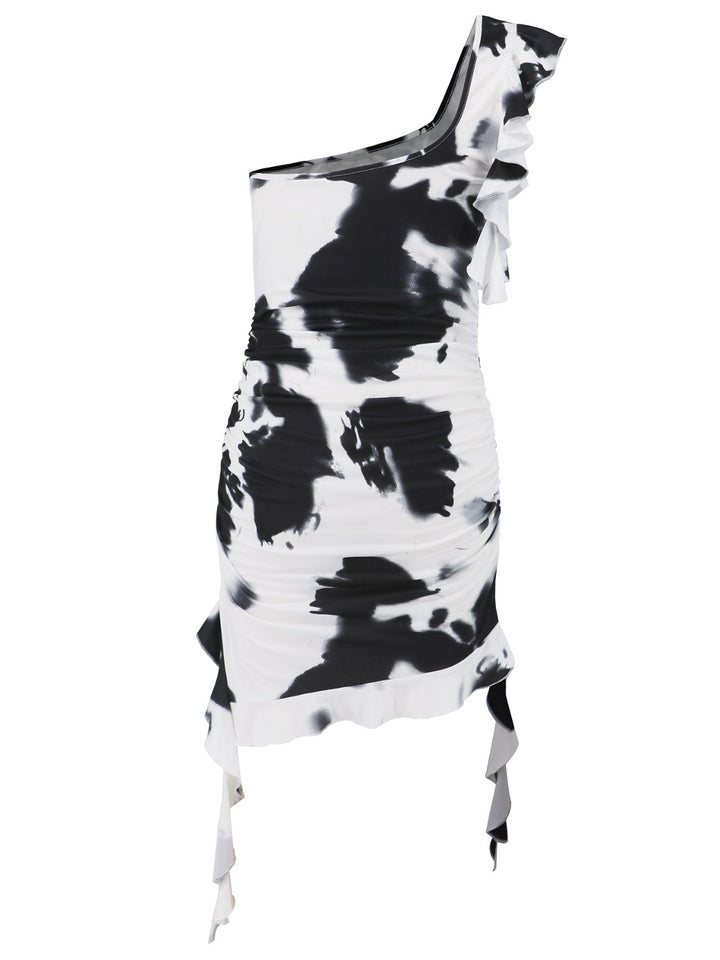 Ruffled Tie-Dye Single Shoulder Mini Dress | Trendsi