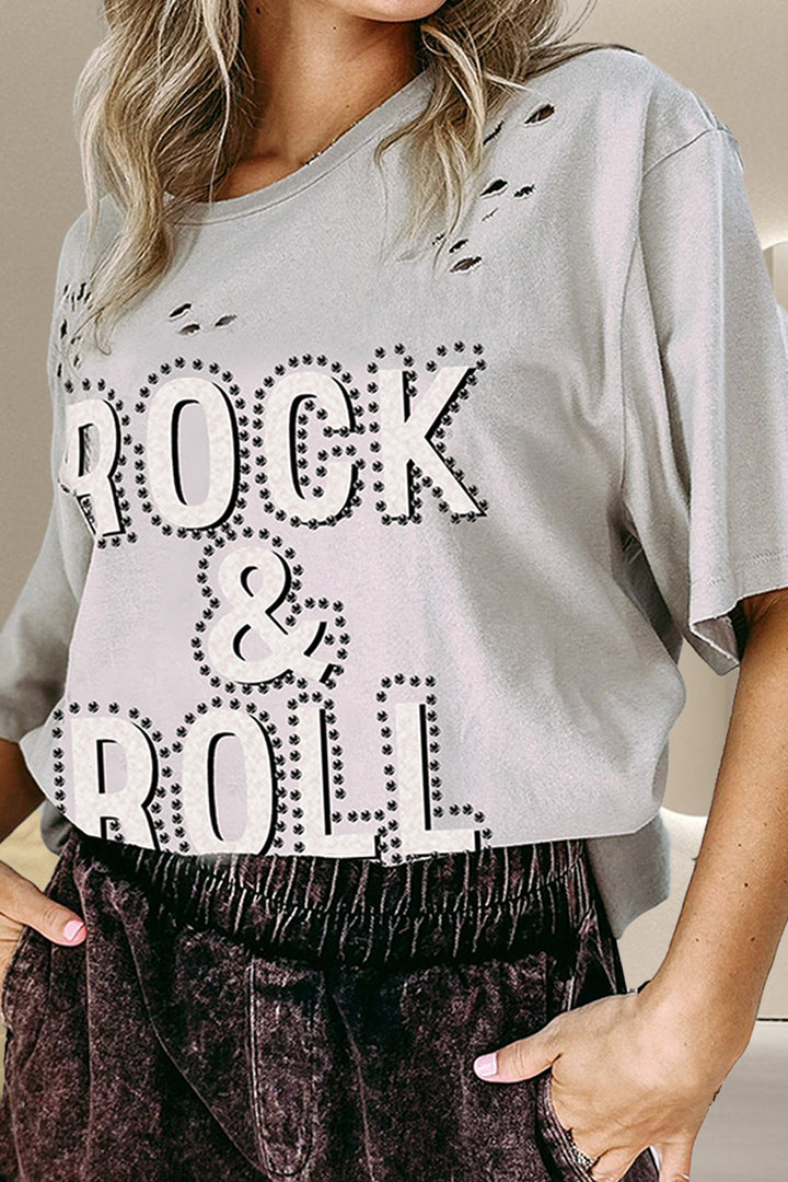 ROCK & ROLL Round Neck Dropped Shoulder T-Shirt | Trendsi