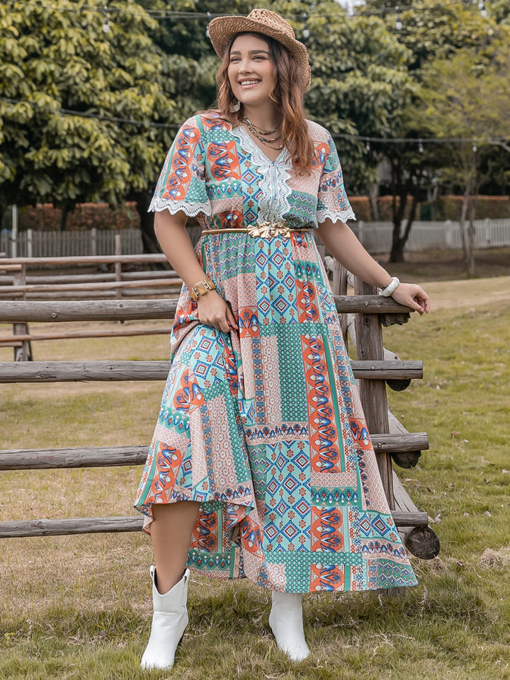 Plus Size Lace Detail Printed Half Sleeve Midi Dress | Trendsi