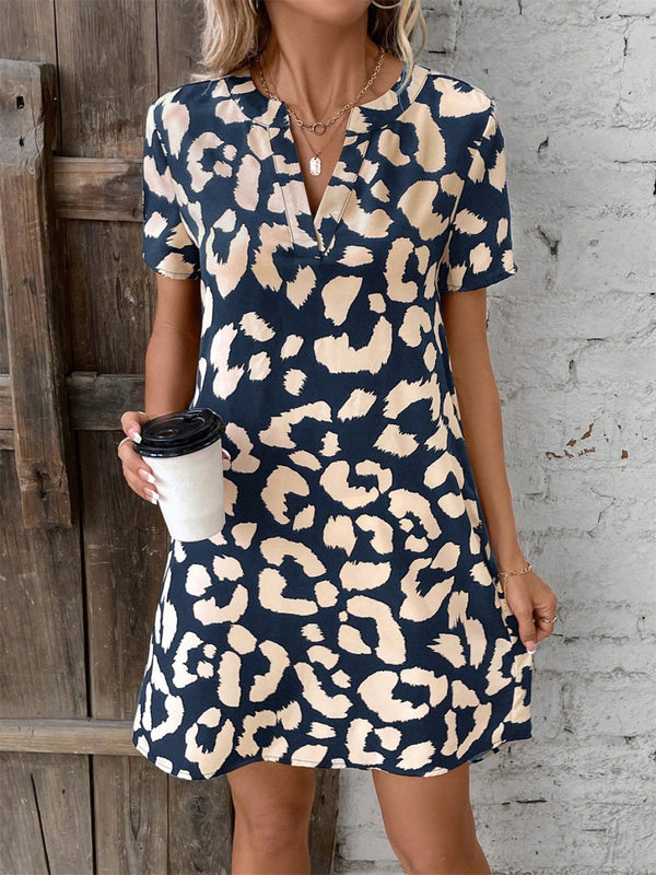 Printed Notched Short Sleeve Mini Dress | Trendsi