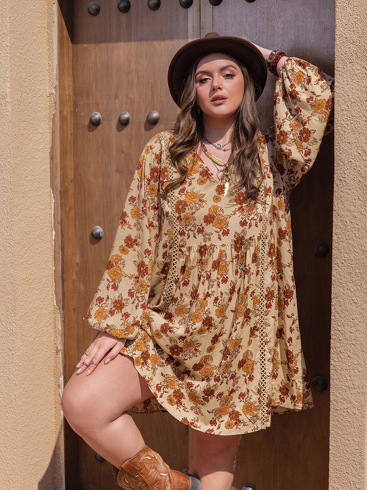 Plus Size Printed V-Neck Balloon Sleeve Mini Dress | Trendsi