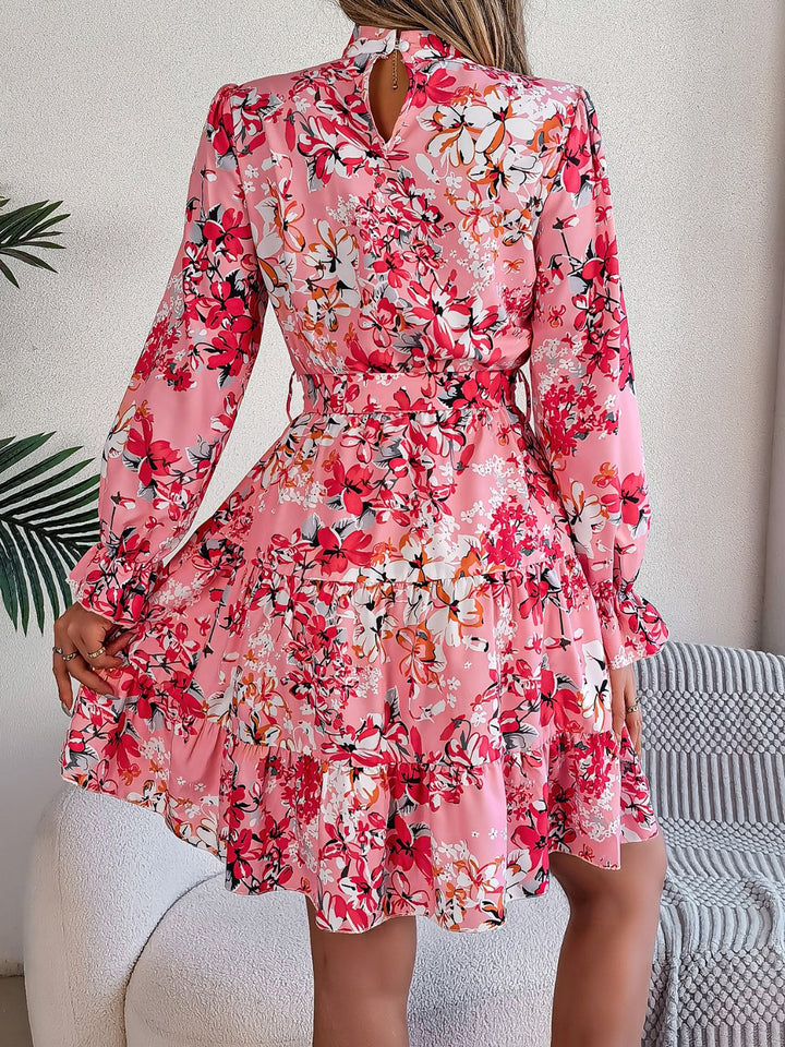 Printed Mock Neck Flounce Sleeve Mini Dress | Trendsi