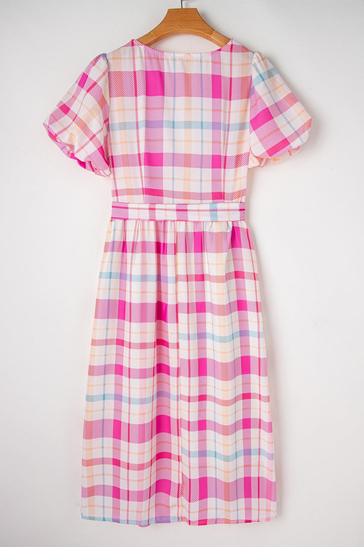 Tied Plaid Round Neck Short Sleeve Dress | Trendsi