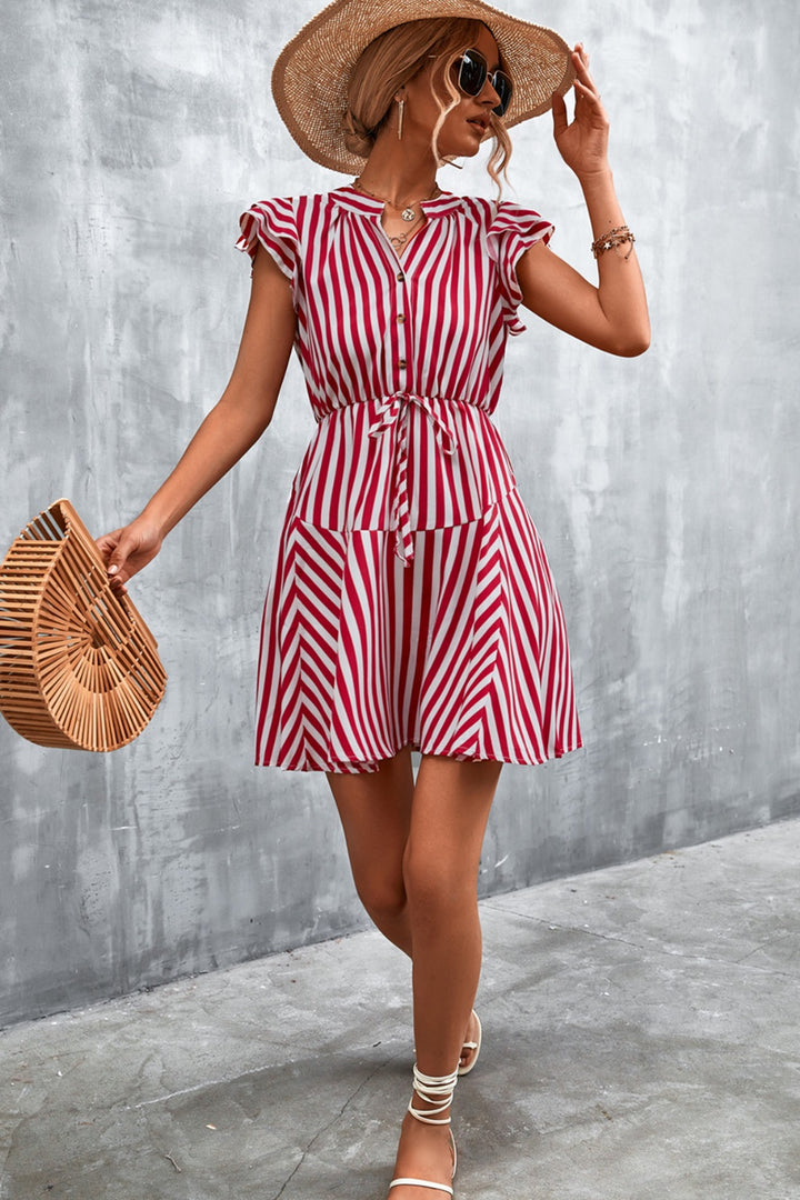 Ruffled Striped Cap Sleeve Mini Dress | Trendsi