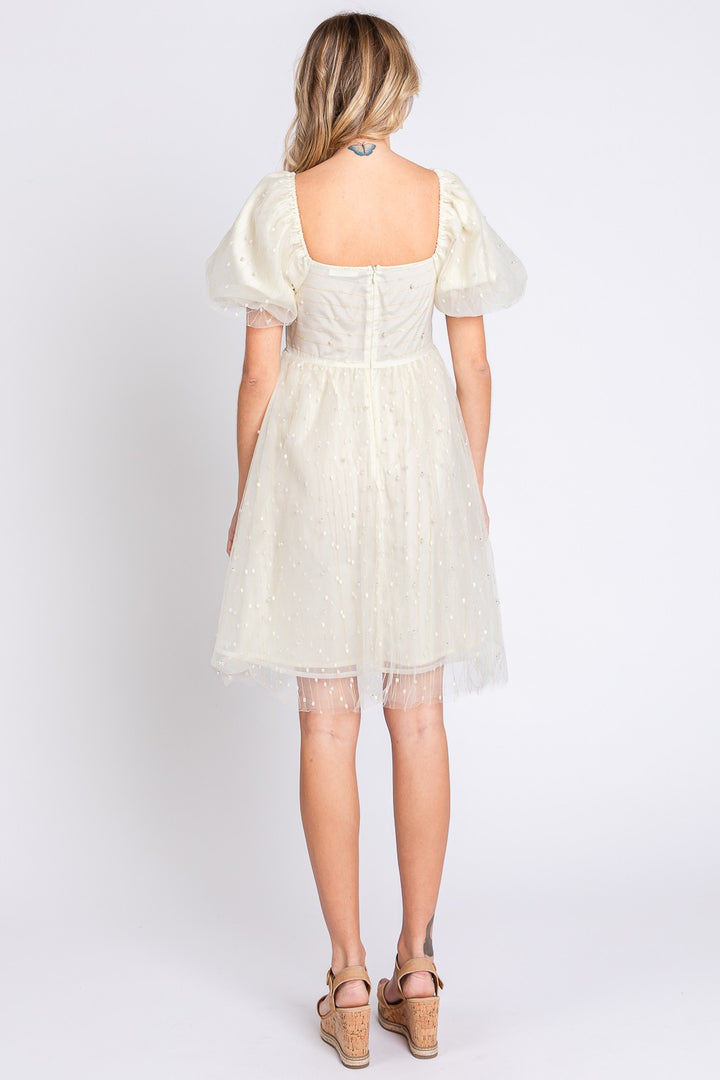 GeeGee Pearl Mesh Puff Sleeve Babydoll Dress | Trendsi