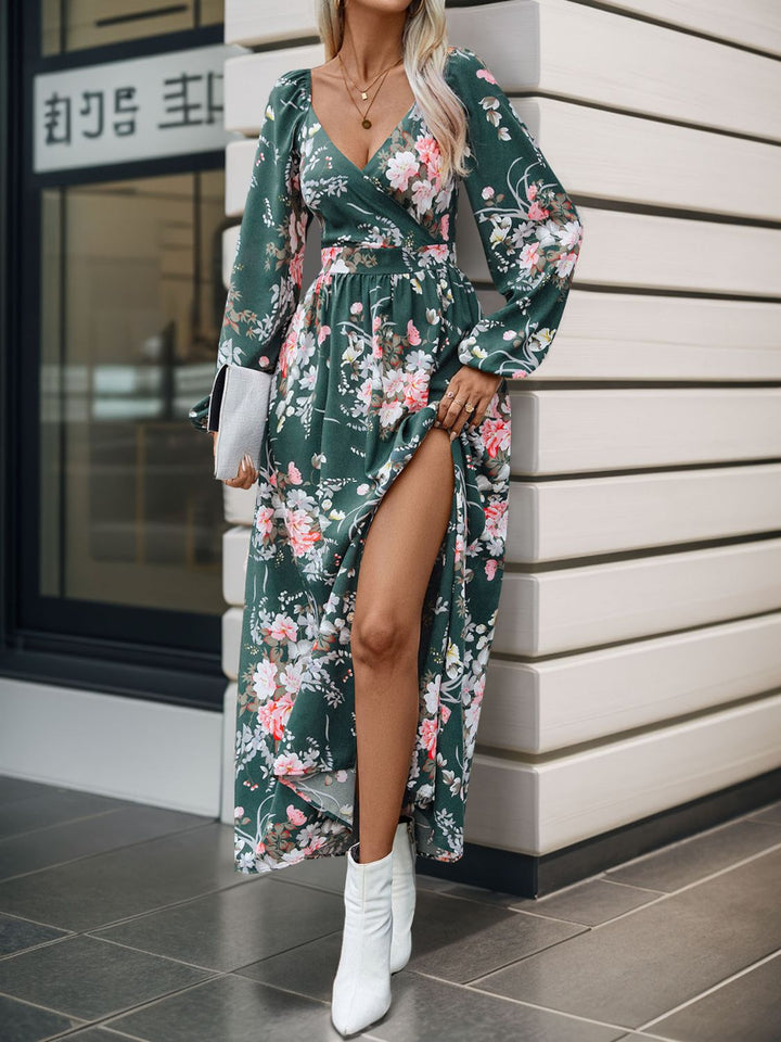 Slit Printed Surplice Long Sleeve Maxi Dress | Trendsi