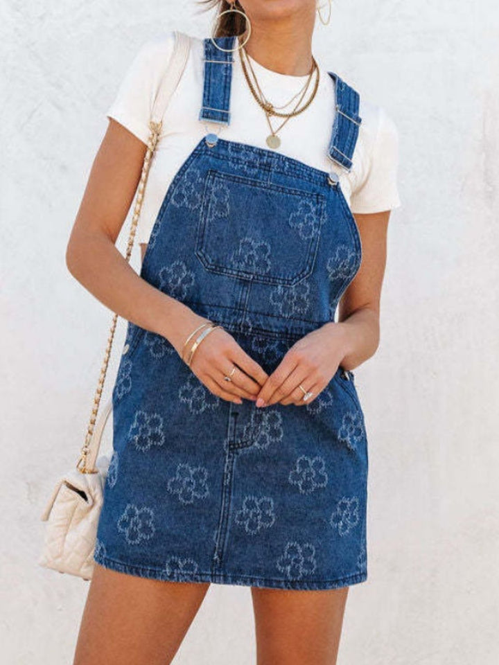 Flower Wide Strap Denim Overall Dress with Pockets | Trendsi