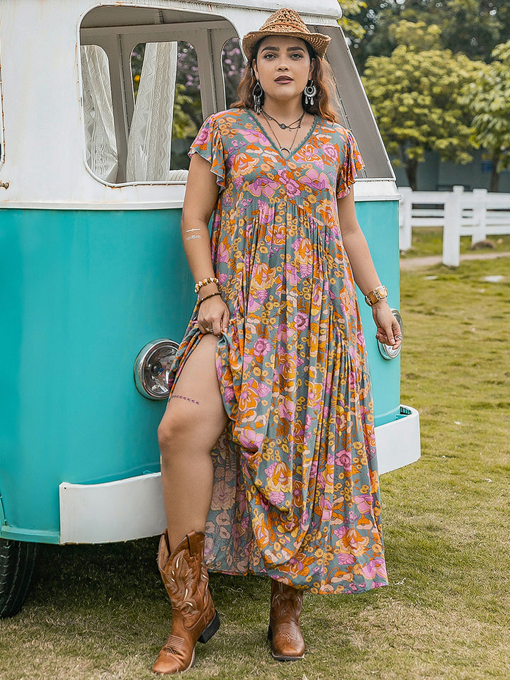 Plus Size Ruffled Printed Cap Sleeve Dress | Trendsi