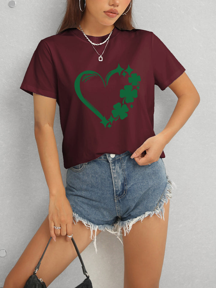 Heart Lucky Clover Round Neck Short Sleeve T-Shirt | Trendsi