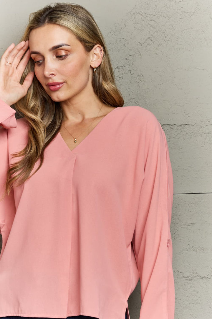 Roll-Tab Sleeve V-Neck Blouse | Trendsi