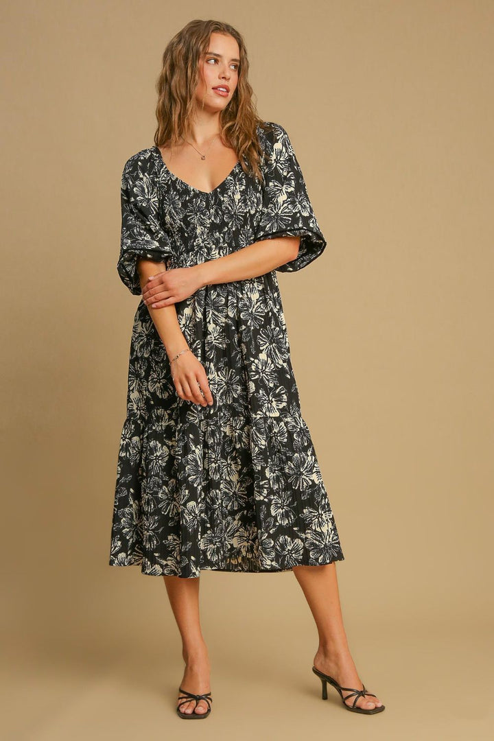 Umgee Ruffle Hem Flower Printed V-Neck Dress | Trendsi