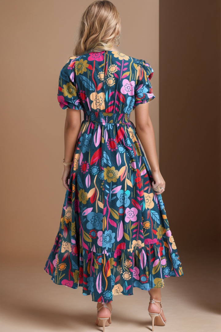 Printed Notched Puff Sleeve Midi Dress | Trendsi