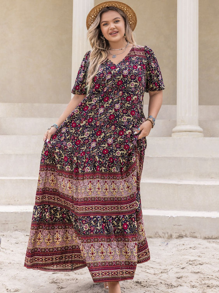 Plus Size Printed V-Neck Short Sleeve Maxi Dress | Trendsi