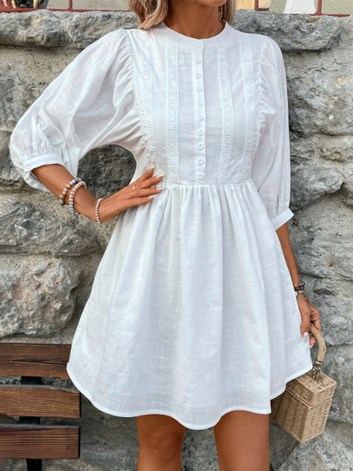 Lace Detail Half Button Three-Quarter Sleeve Dress | Trendsi