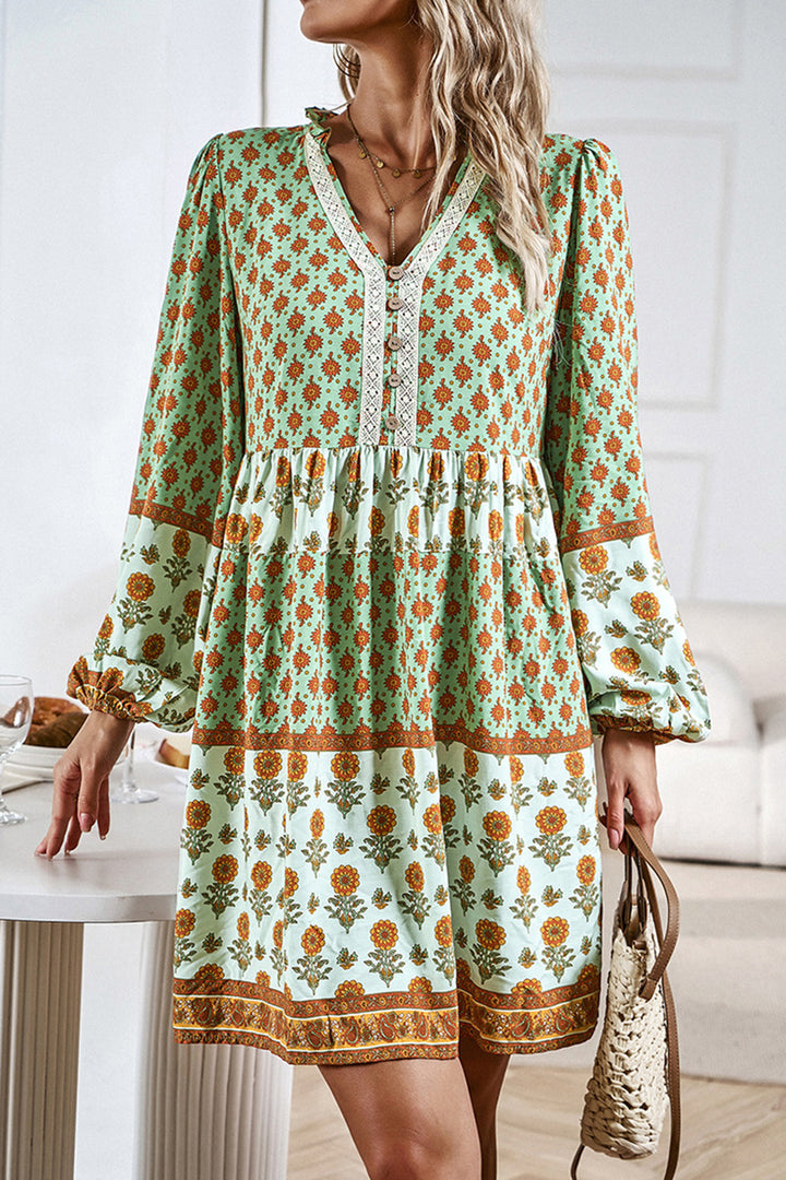 Printed V-Neck Long Sleeve Dress | Trendsi