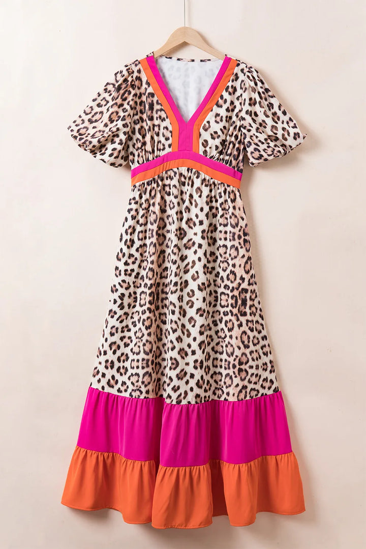 Full Size Leopard V-Neck Half Sleeve Maxi Dress | Trendsi